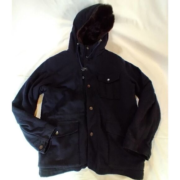 TOMMY HILFIGER FAUX FUR WOOL BLEND COAT SIZE LARGE BLACK BROWN POCKETS - Picture 1 of 8